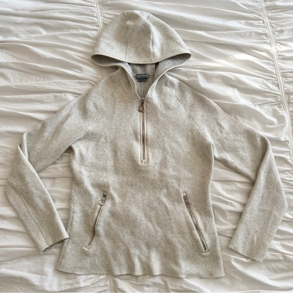 Eileen Fisher Cream Hooded Half-Zip Sweater